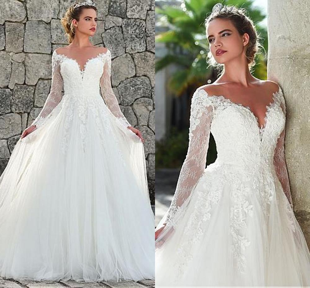 Long Sleeves Wedding Dresses Lace Appliques Tulle Wedding Gowns A-Line Sheer Back Vestios De Novia