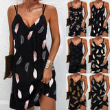 Summer V Neck Straps Dress Women Sexy Sleeveless Feather Printed Mini Sling Dress Female Casual Loose Party Beach Dresses
