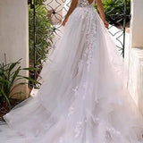 A-Line Wedding Dresses V Neck Strapless Chapel Train Lace Tulle Formal Sexy Luxurious Backless with Appliques