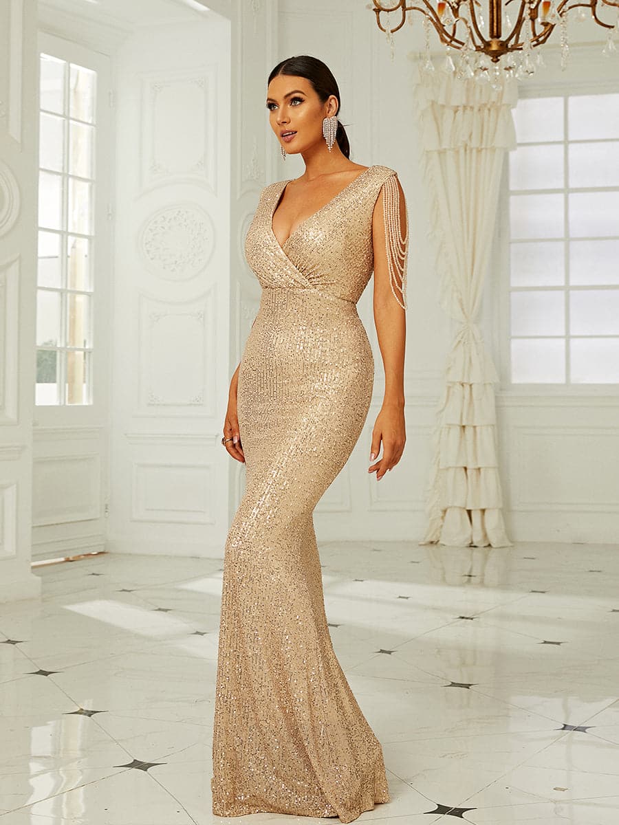Plunging Neck Beaded Chain Floor Length Sequin Formal Dress XH2164
