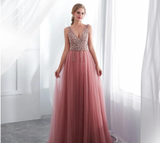 New Pink Sexy Deep V Neck Sleeveless Long Evening Dress Luxury Diamonds Shining Lace Up Party Gown Robe De Soiree