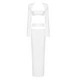 White Square Collar Waist Long Sleeve Elastic Dress Bandage Long Skirt