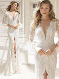 Mermaid Wedding Dresses With Deep V-neck Long-sleeves High-slits Custom Made Applique Race Sweep-length De Novia