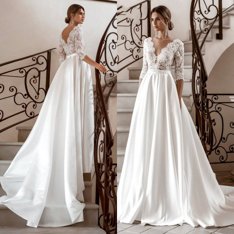 Elegant Long Sleeve Lace Wedding Dresses V-Neck Satin A-Line  vestido de novia Bridal Gown New Vintage Simple