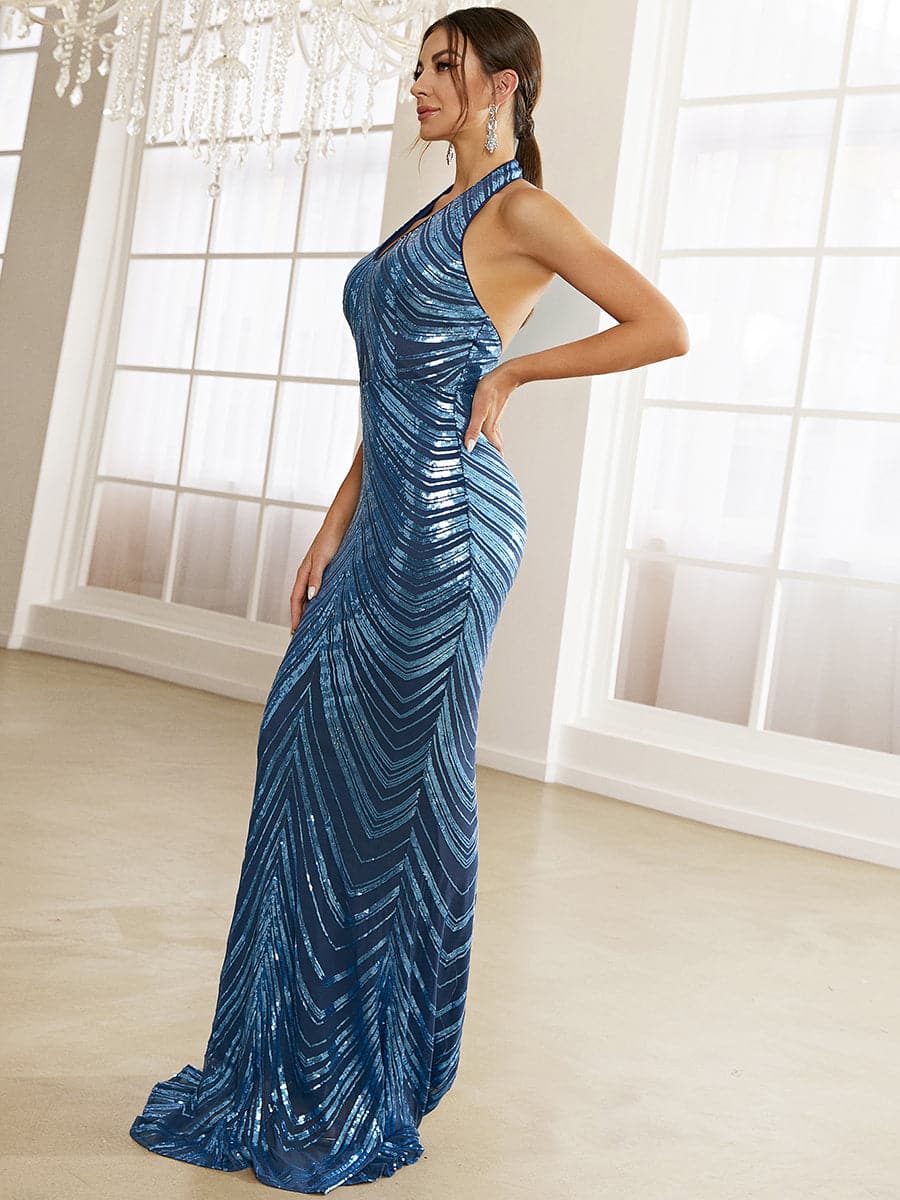 Striped Blue Sleeveless Mermaid Sequin Prom Dress XJ1507