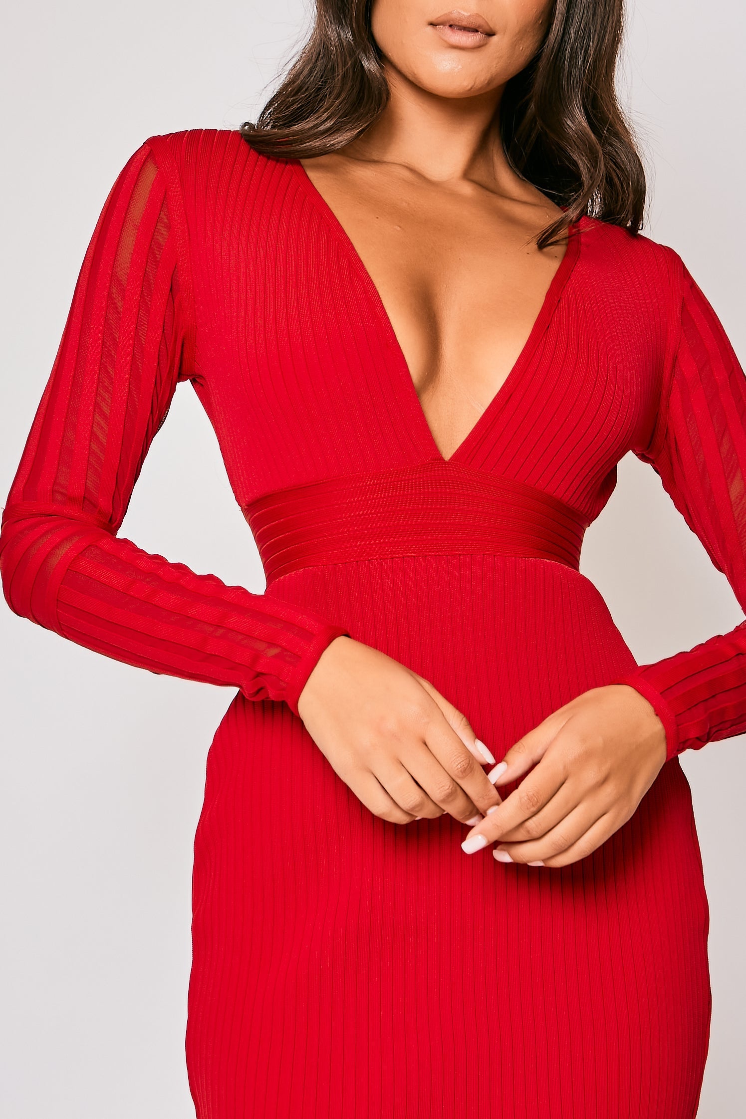 Red Long Sleeve V Neck Bandage Dress