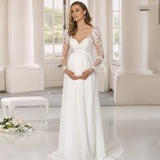 Pregnant Woman Wedding Dress Chiffon Long Sleeve Floor Length V-Neck Bridal Gowns Maternity Lace Appliques Robe De Mairee Custom