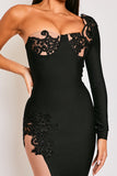 Emiliana - Black & Nude Embellished Lace One Shoulder Bandage Dress