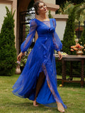 V-Neck Long Sleeve Chiffon Blue Maxi Prom Dress XJ1487