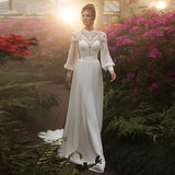 Chiffon Long Puffy Sleeves Boho Wedding Dresses  High Neck Lace Appliques Bridal Gown Vintage Vestido De Noiva