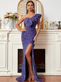 Glitter One-Shoulder Blue Ruffled Sequin Prom Dress XH2070 S-4XL