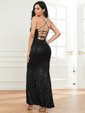 Lace Up Backless Sequin Mermaid Maxi Prom Dress XH1182