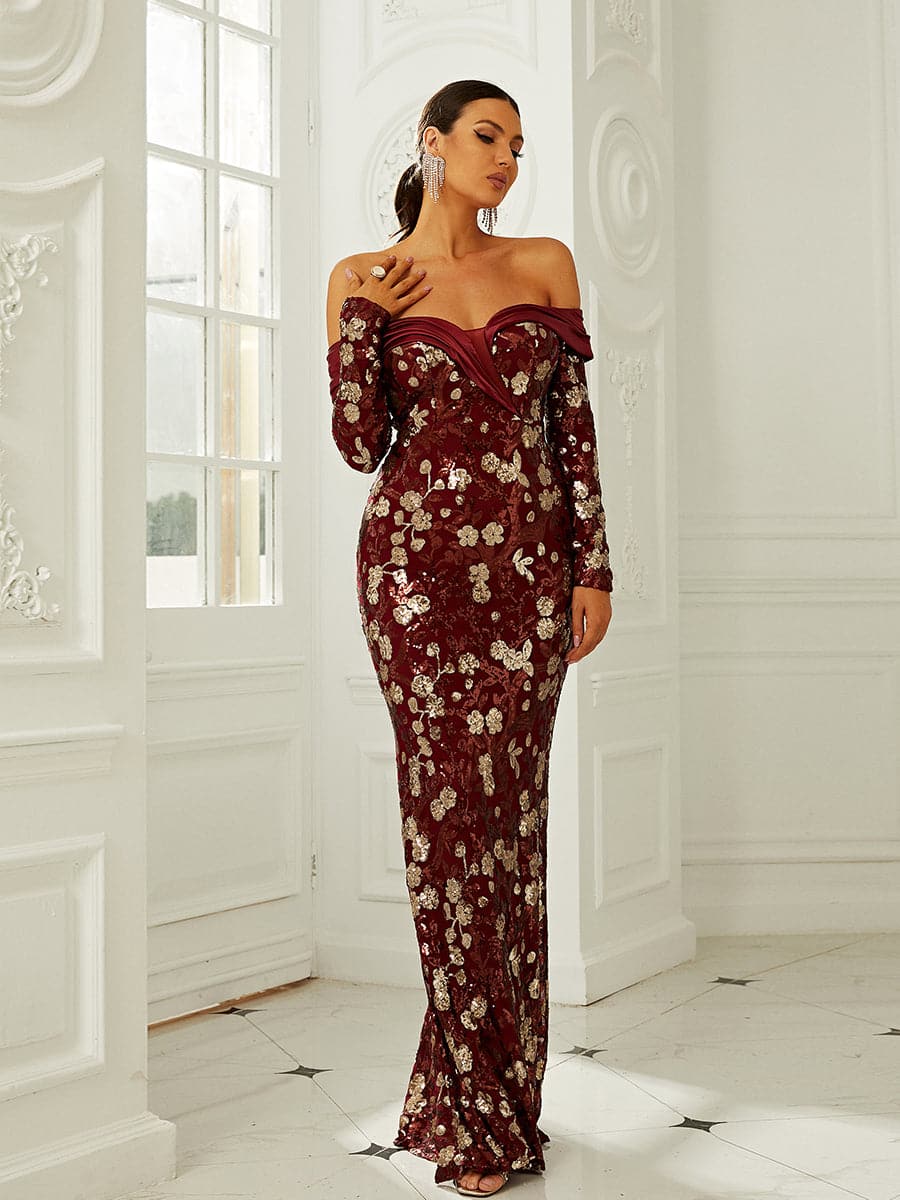 Sequin Floral Pattern Off Shoulder Floor Length Formal Dress XH2192