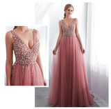 New Pink Sexy Deep V Neck Sleeveless Long Evening Dress Luxury Diamonds Shining Lace Up Party Gown Robe De Soiree