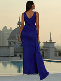 Draping Deep V Neck Formal Blue Evening Dress XJ860