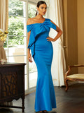 Backless One Shoulder Short Sleeve Satin Maxi Blue Prom Dress XJ1450