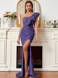 Glitter One-Shoulder Blue Ruffled Sequin Prom Dress XH2070 S-4XL