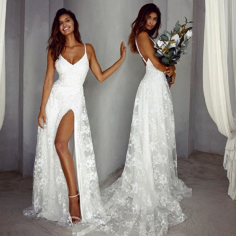 Lace Spaghetti Straps High Slit Wedding Dress Boho A-Line V-Neck Beach Bride Dresses Robe De Soiree Sexy Bridal Gown