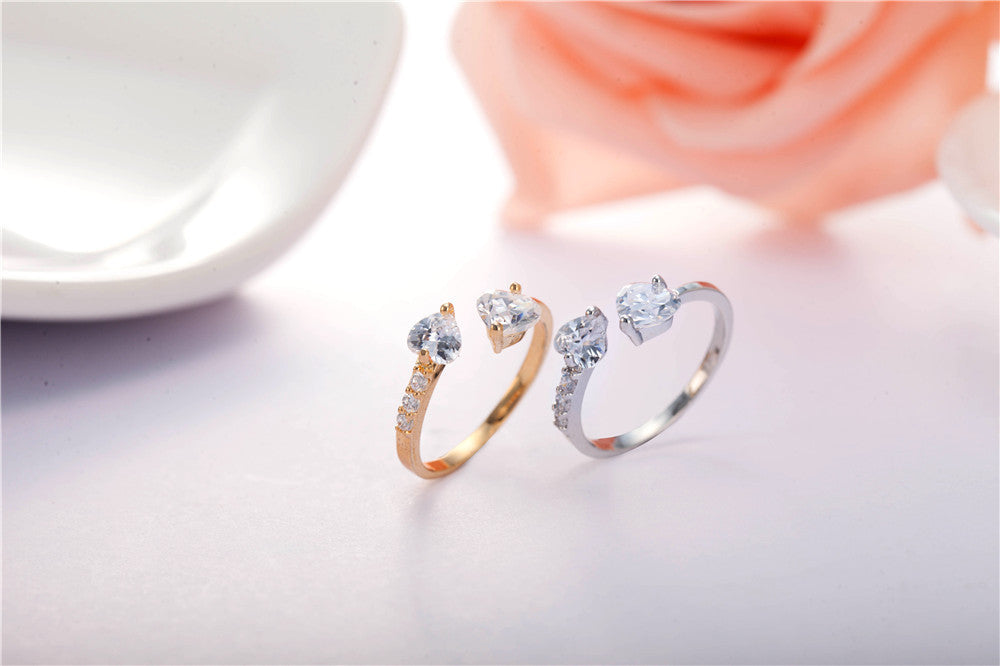 jewelry double heart full diamond open ring zircon women's ring