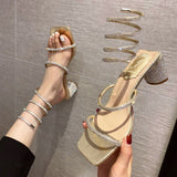 Summer Women's Sandals Fashion Luxury Square Toe Club Rhinestone Snake Wrap High Heel Sandals Birthday Wedding Party Shoes