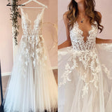 Sexy A-Line Backless Wedding Dress  Vintage Lace Applique Beaded Off White Tulle Wedding Gowns Trouwjurk Long Bridal Dress
