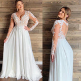 Plus Size Chiffon Wedding Dresses  Long Sleeves Sheer Lace Applique V-Neck Bridal Dress Beach Floor Length Wedding Dress