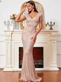 V Neck Cap Sleeve Sequin Floor Length Gold Evening Dress XH1929
