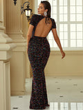Short Sleeve Open Back Sequin Formal Evening Gown XJ1338