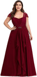Women's Sweetheart Lace Cap Sleeve Floor Length A Line Empire Chiffon Plus Size Evening Dresses 07986