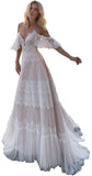Women's Wedding Dresses Chic Lace Evening Dresses V Neck Ruffle Sleeves Beachy Boho Outdoorsy Wedding Gowns