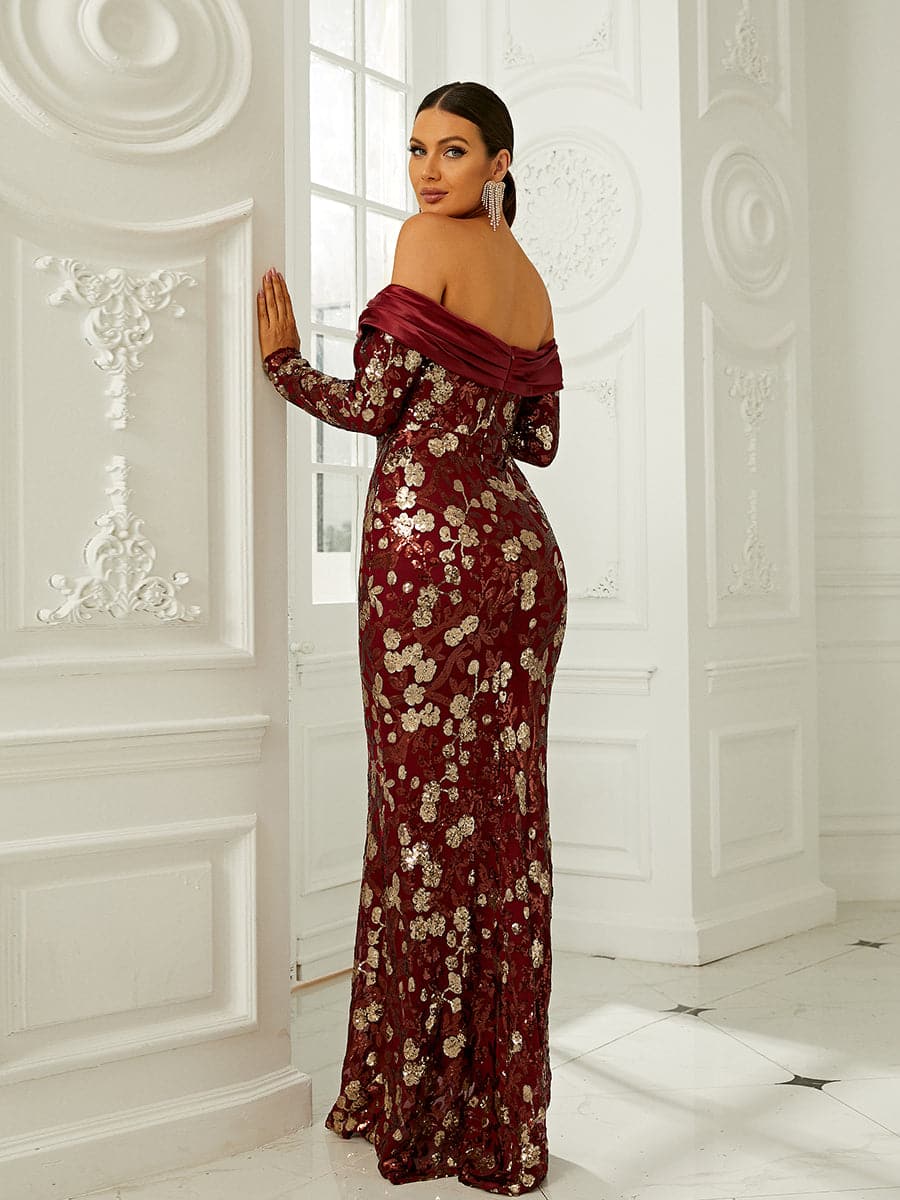Sequin Floral Pattern Off Shoulder Floor Length Formal Dress XH2192