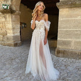 Off The Shoulder Beach Wedding Dresses  Brides Modern Tulle Sweetheart Bridal Gown Pleated Sleeves Illusion Summer