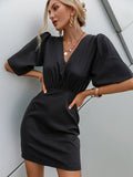 Simplee Luxury black women summer dress Puff sleeve v-neck lace collar smock dresses Vintage high waist loose mini vestido