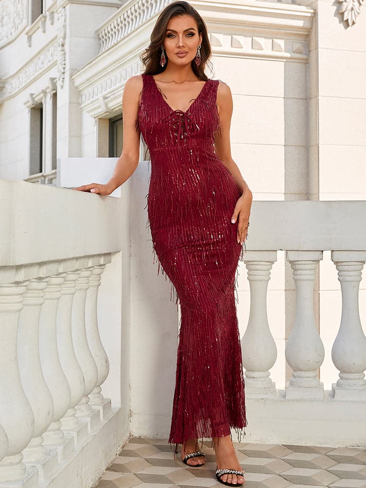 Lace Up Zip Sleevelesss Back Red Maxi Sequin Dress M01103