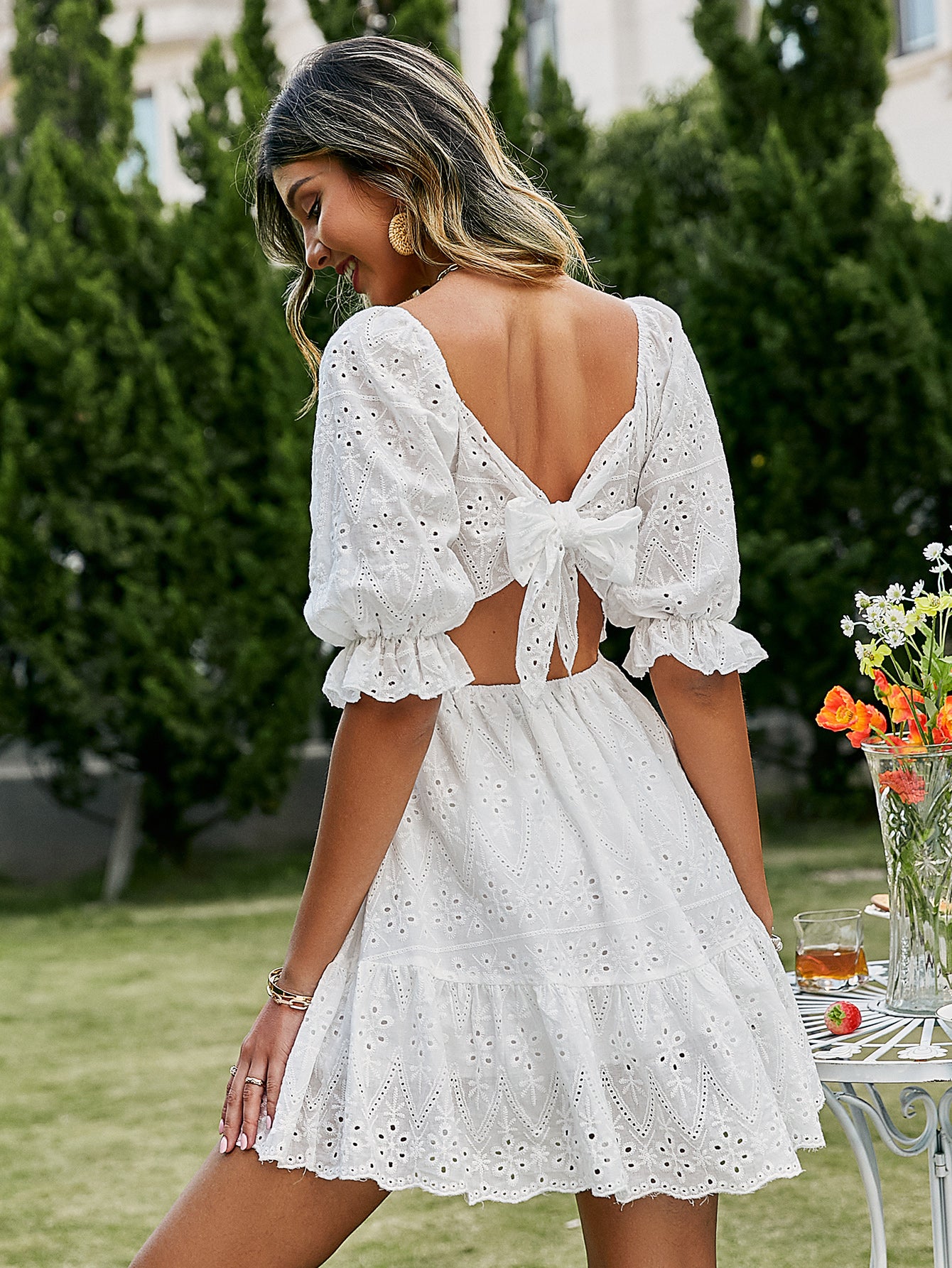 Simplee Lace up hollow out knot summer white dress women Holiday casual high waist ruffled mini dresses A-line frills vestido
