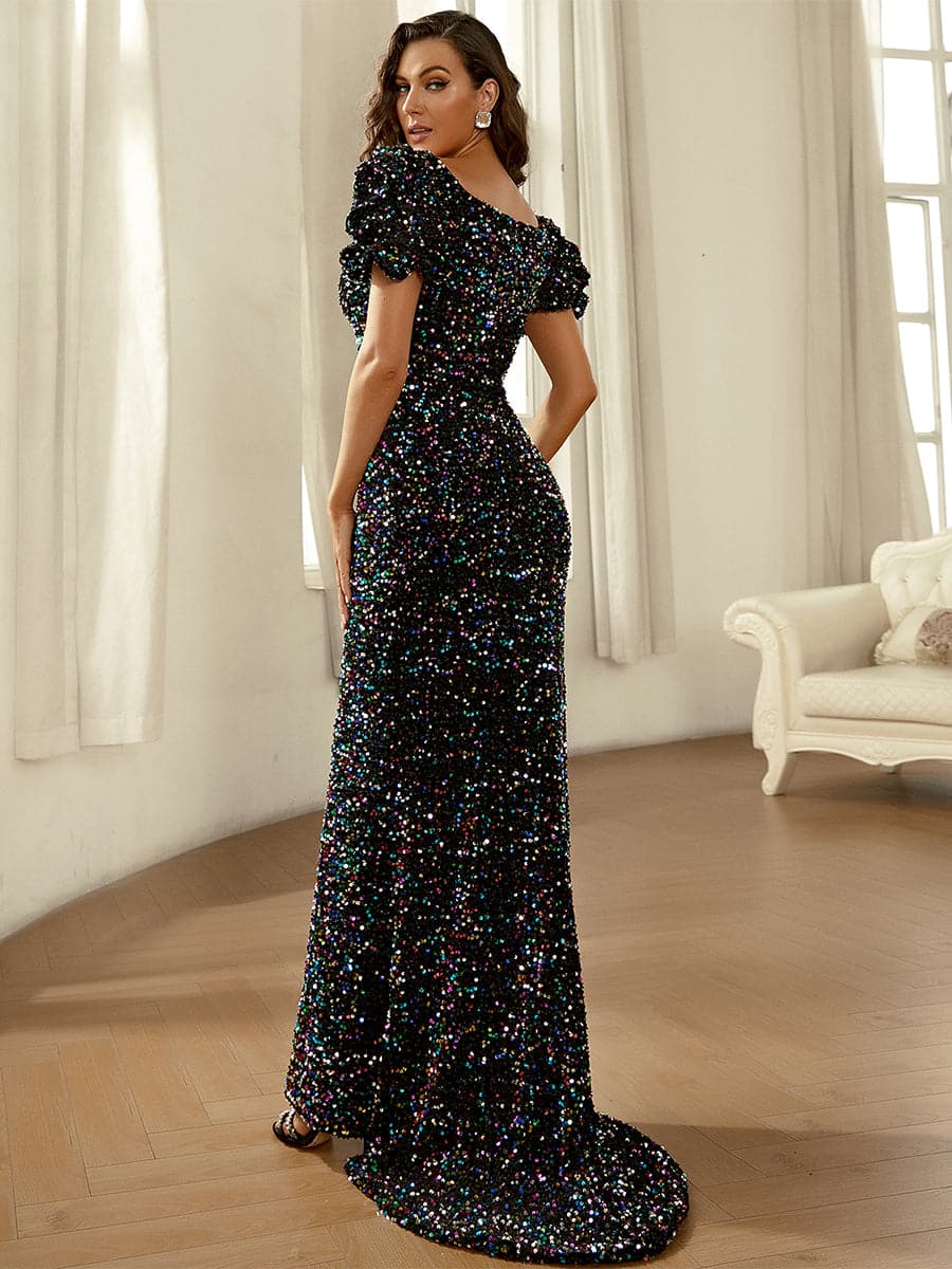 Square Neckline Sequin Black Evening Maxi Dress XH2084