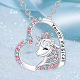 Exquisite Unicorn Necklace 925 Sterling Silver Color Diamond Crystal Heart Shape Animal Pop Jewelry Girl Birthday Gift Collares