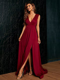 Plunging Deep V Neck Split Maxi Red Prom Dress XH1243