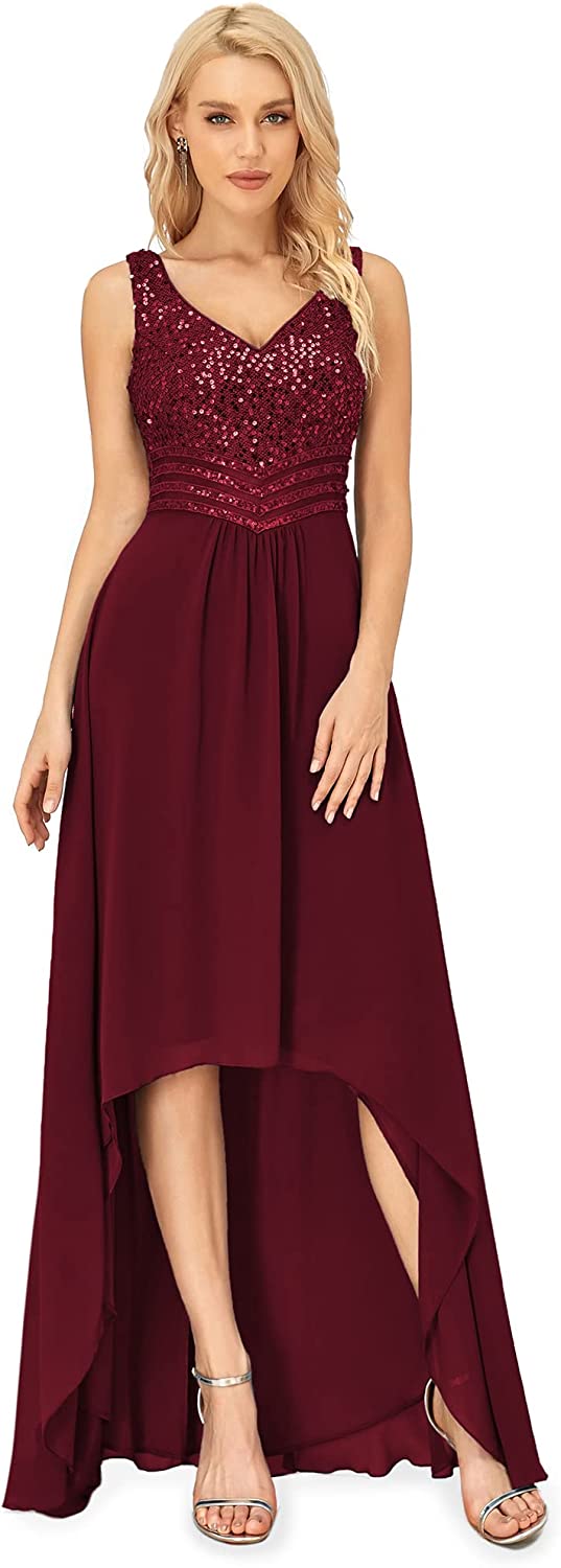Women's Hi-Low Elegant Empire Waist V Neck Sleeveless Chiffon and Sequin Ball Evening Gowns 00410