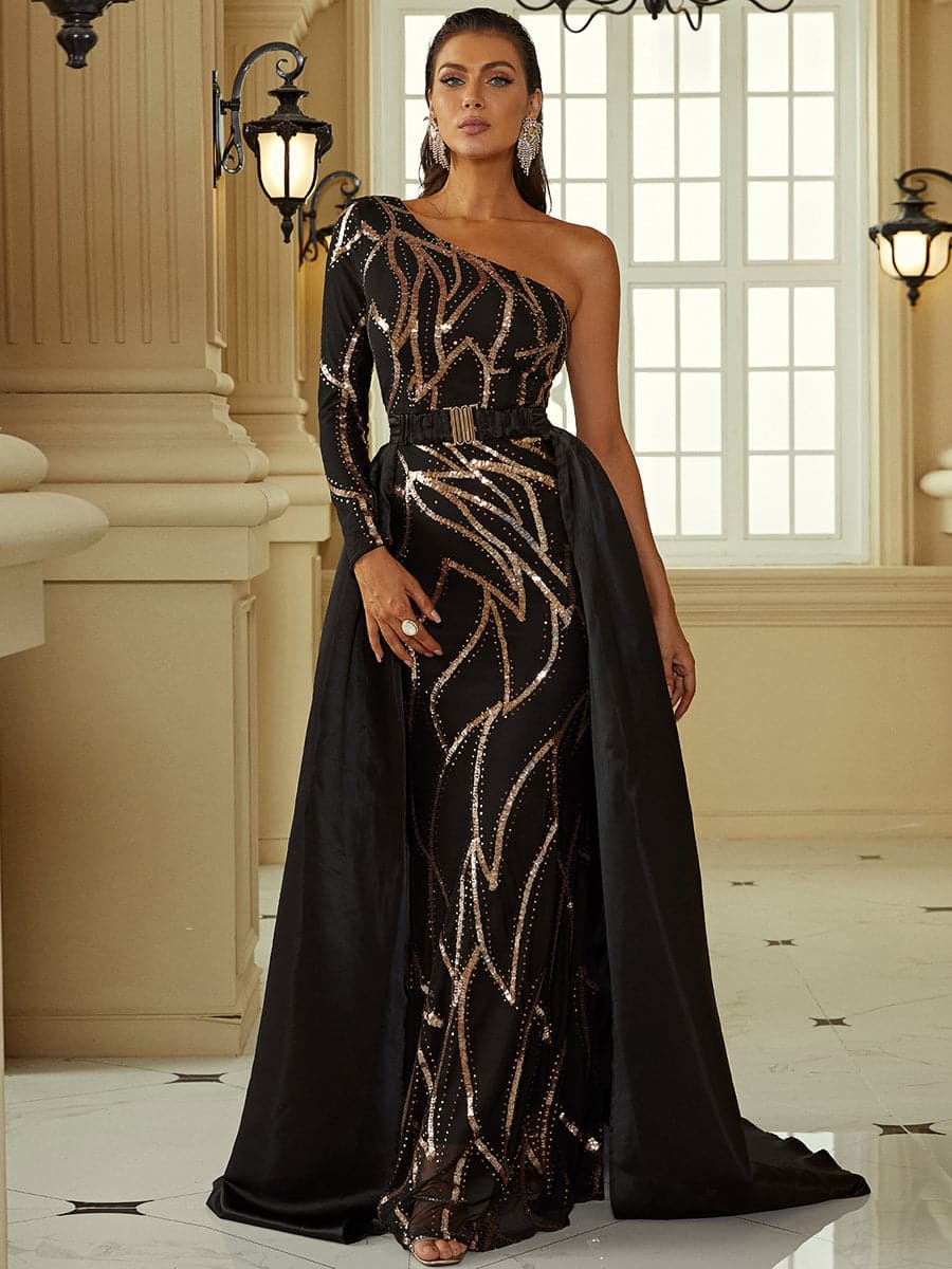 One Shoulder A-Line Sequin Maxi Black Prom Dress XH2172