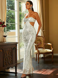 Backless Off Shoulder Sleeveless Sequin White Prom Dress XJ1468