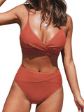 Women's Twist Front High Waisted Bikini Set V Neck Padded Two Pieces Bathing Suits Swimsuits
