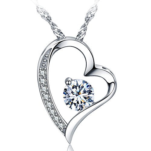 Heart Necklace 14K White Gold Plated Round Cut Cubic Zirconia Forever Lover Heart Pendant Necklace for Women Girls, Metal, Cubic Zirconia