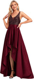 Women's V Neck Elegant A Line Hi-Low Empire Waist Satin Skirt Long Prom Dresses with Sequin 00667