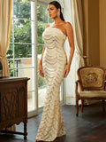 Backless Off Shoulder Gold Mermaid Maxi Prom Sequin Dress XJ1401