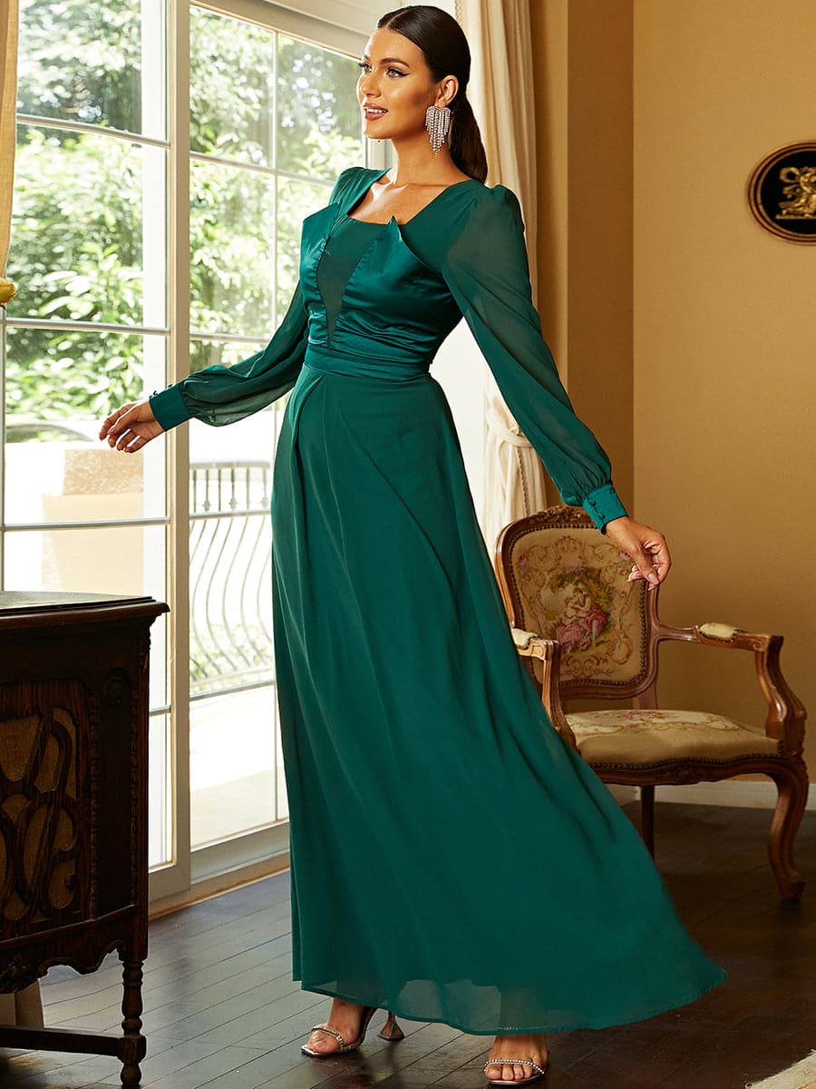 Square Neck Chiffon Long Sleeve Green Maxi Prom Dress M02097