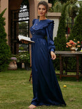 Bishop Sleeve High Neck DarkSlateBlue Maxi Prom Dress XH2304