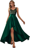 Women's V Neck Elegant A Line Hi-Low Empire Waist Satin Skirt Long Prom Dresses with Sequin 00667