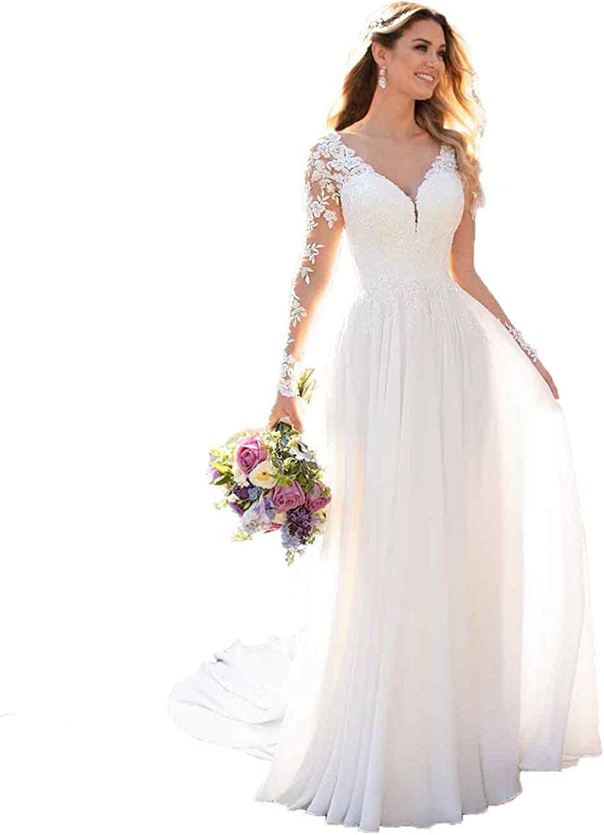 Women's Beach Wedding Dresses with Long Sleeves Boho Chiffon Lace Bridal Gown