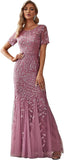 Women't Elagant Short Sleeve Long Mermaid Sequin Tulle Prom Evening Dresses EZ07707
